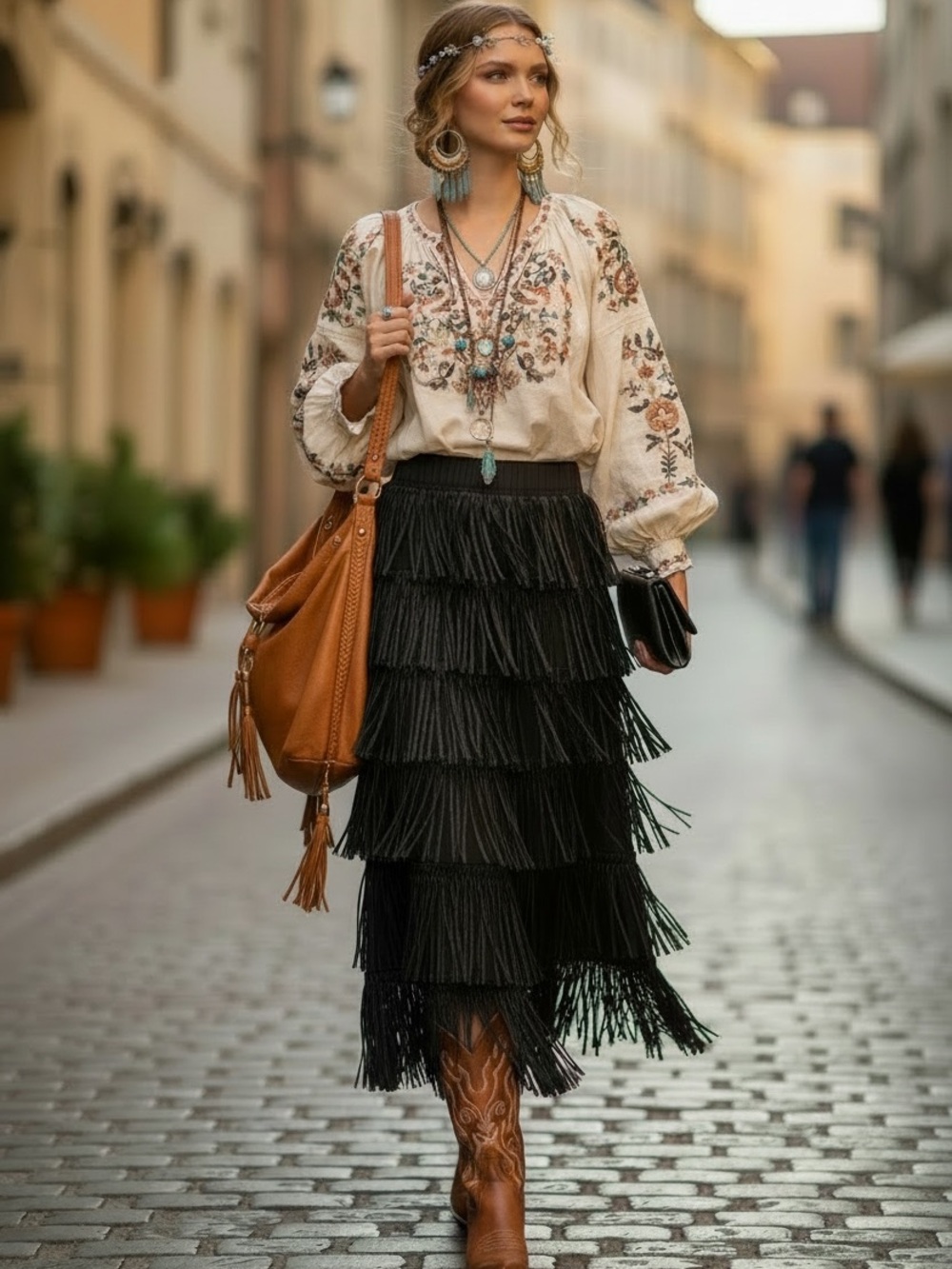 Fringed Tiered Midi Skirt in Black- Boho, festival or Rodeo ready.